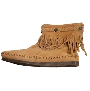 Minnetonka Suede Tan Brown Back Zip Fringe Western Boho Mocassin Women's 9
